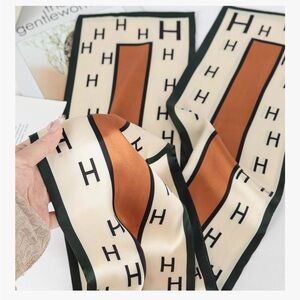 Luxury Cream Black Cognac Brown Rust Long Silky Designer Twilly Scarf Expensive